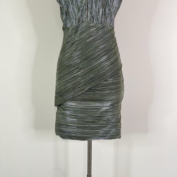 Maje | Romea Metallic Green Plisse Bandage V Neck Designer Mini Dress 38 Medium - Picture 5 of 12